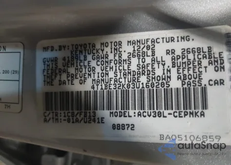 2003 Toyota Camry Le from USA, damaged, VIN 4T1BE32K03U160205